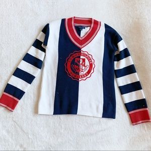 Tommy Hilfiger Red Navy White V-Neck Striped Crest Sweater